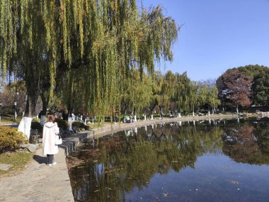 Nanjing, Çin - 2 Aralık 2023: Nanjing 'deki Xuanwu Gölü' nün sonbahar dönemi görüntüsü. Xuanwu Gölü, Çin tarafından korunan güzel manzaralı bir yerdir.