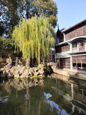 Suzhou, Çin - 7 Aralık 2023: Çin 'in Suzhou kentindeki Lion Grove Garden' daki kaya ve göl üzerindeki sonbahar manzarası. Diğer klasik Suzhou bahçeleri UNESCO olarak tanınır.