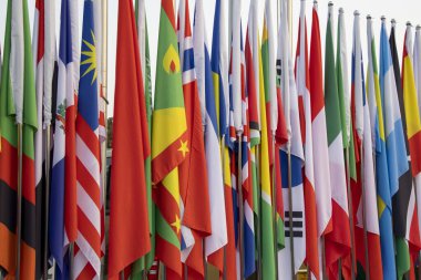 Kutuplarda mavi gökyüzü olan çeşitli ulusların renkli bayrakları