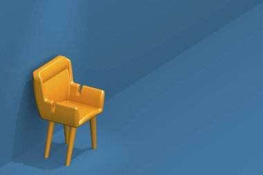 Mavi arka planlı sarı koltuk, 3D görüntüleme