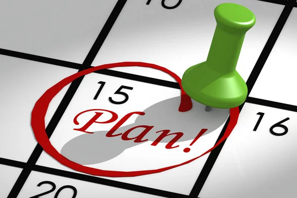 Plan word marked on calendar with push pin, 3d rendering