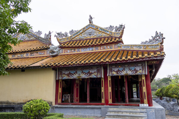 Hue, Vietnam- 28 Feb, 2024: Ancestral Temple of the Founder inside the Imperial Citadel in Hue, Vietnam. The temple was badly damaged during the 1968 Tet Offensive