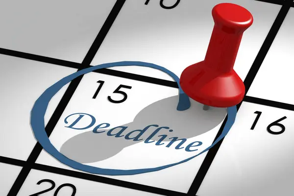 Deadline word marked on calendar with push pin, 3d rendering