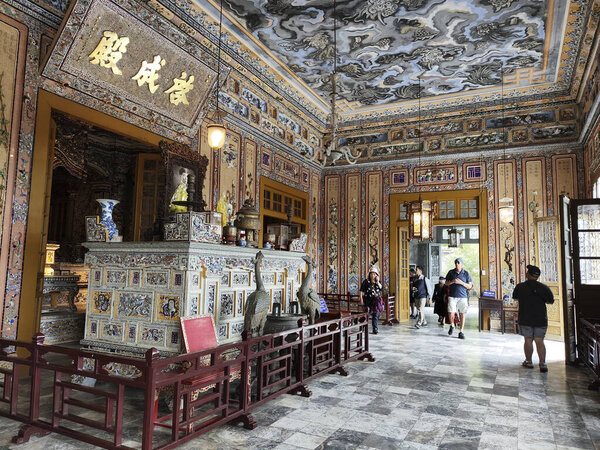 Hue, Vietnam- 28 Feb, 2024: Interior of Tomb of Khai Dinh emperor in Hue Vietnam. Khai Dinh was the penultimate emperor of Vietnam, from 1916 to 1925