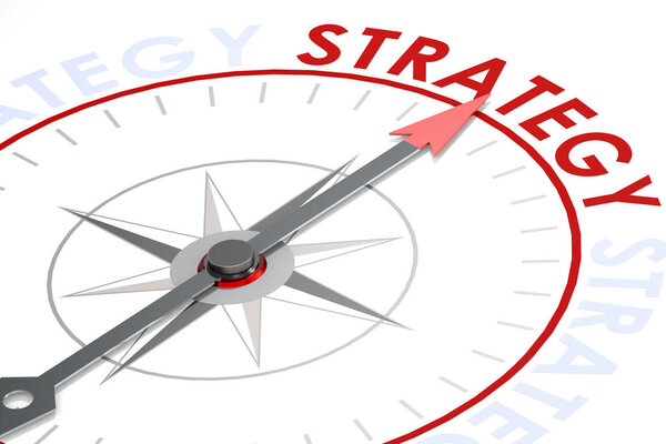 Palabra Estrategia Sobre Brújula Aislada Representación — Foto de Stock