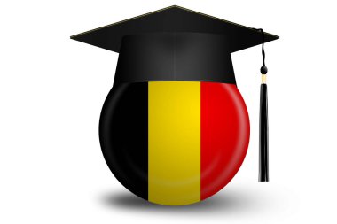 Mezuniyet şapkası ve Belçika bayrağı ile eğitim konsepti, 3D görüntüleme