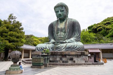 Kamakura, Japonya- 14 Mayıs 2024: Kamakura, Japonya 'daki Kamakura tapınağındaki Kamakura Daibutsu heykeli