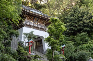 Kamakura, Japonya - 14 Mayıs 2024: Enoshima Tapınak Alanı, Japonya. Bu kapının adı Zuishinmon. Saf ruh anlamına gelebilir.