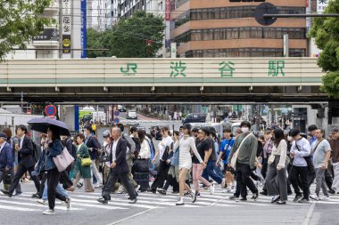 Tokyo, Japonya - 12 Mayıs 2024: İnsanlar Shibuya, Tokyo 'da işlek kavşağı geçiyor. Burası dünyanın en işlek kavşaklarından biri..