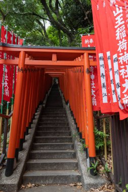 Tokyo, Japonya - 12 Mayıs 2024 Hie Shrine, Tokyo 'da etkileyici bir kırmızı torii kapısı tüneli. Tokyo 'daki Hie-jinja Tapınağı geleneksel Japon Shinto dininin tapınağıdır.
