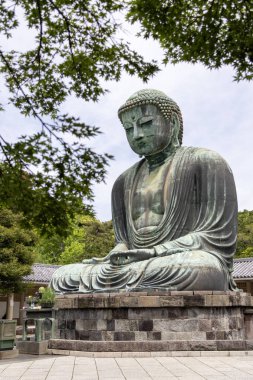 Kamakura, Japonya- 14 Mayıs 2024: Kamakura, Japonya 'daki Kamakura tapınağındaki Kamakura Daibutsu heykeli