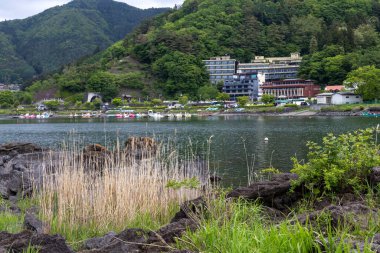 Kawaguchiko, Japonya - 15 Mayıs 2024: Bahar mevsiminde Kawaguchiko Gölü manzarası. Kawaguchiko Gölü beş gölün en ulaşılabilir olanıdır.