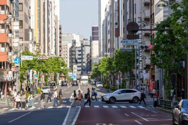 Tokyo, Japonya - 17 Mayıs 2024: Shinjuku, Tokyo sokak manzaralı. Shinjuku, Tokyo 'nun geniş bir yelpazesi olan büyük bir mahallesidir.