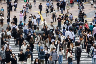 Tokyo, Japonya - 12 Mayıs 2024: İnsanlar Shibuya, Tokyo 'da işlek kavşağı geçiyor. Burası dünyanın en işlek kavşaklarından biri..