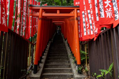 Tokyo, Japonya - 12 Mayıs 2024 Hie Shrine, Tokyo 'da etkileyici bir kırmızı torii kapısı tüneli. Tokyo 'daki Hie-jinja Tapınağı geleneksel Japon Shinto dininin tapınağıdır.