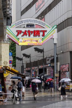 Tokyo, Japonya - 13 Mayıs 2024: Tokyo, Japonya 'daki Ameyoko market mahallesi. Ameyoko Alışveriş Sokağı yükseltilmiş demiryolu hattının altında bir mağaza koleksiyonudur..