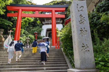 Enoshima, Japonya - 14 Mayıs 2024: Enoshima Tapınağı 'nın girişindeki kırmızı torri kapısı. Enoshima Tapınağı balıkçılık ve deniz taşımacılığının sıradan tanrılarına ibadet etmek için inşa edildi.