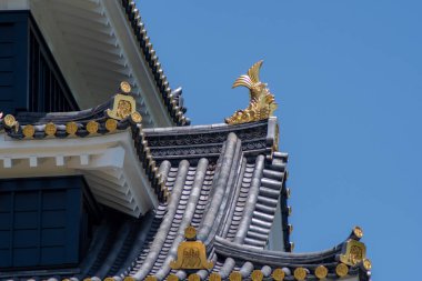 Okayama, Japonya - 10 Mayıs 2024: Okayama Kalesi 'nin çatısında altın ejderha balığı heykeli. Okayama Kalesi 'nin siyah bir dış görünüşü var. Bu yüzden ona 