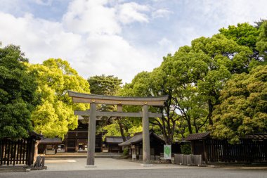 Tokyo, Japonya - 12 Mayıs 2024: Tokyo, Japonya 'daki Meiji Jingu Tapınağı' nın girişinde duran Torii Kapısı. İmparator Meiji ve eşinin tanrılaştırılmış ruhlarına adanmıştır.,