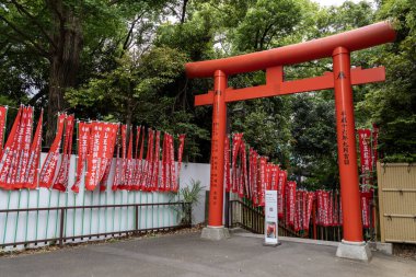 Tokyo, Japonya - 12 Mayıs 2024: Hie Shrine, Tokyo 'nun kırmızı torri kapısı. Bu Hie-jinja Tapınağı 1478 'de Edo Kalesi' nde inşa edilmiş.