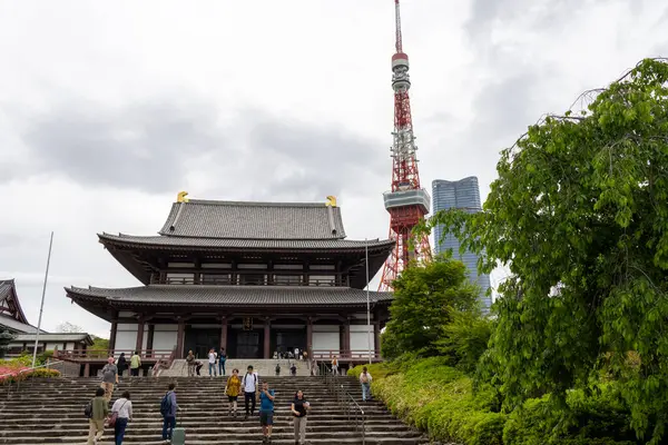 Tokyo, Japonya - 12 Mayıs 2024: Tokyo 'da Zojoji' yi ziyaret eden turistler. Zojoji 1393 yılında Kanto 'da Jodo shu için ortodoks ve temel nembutsu semineri olarak kuruldu.