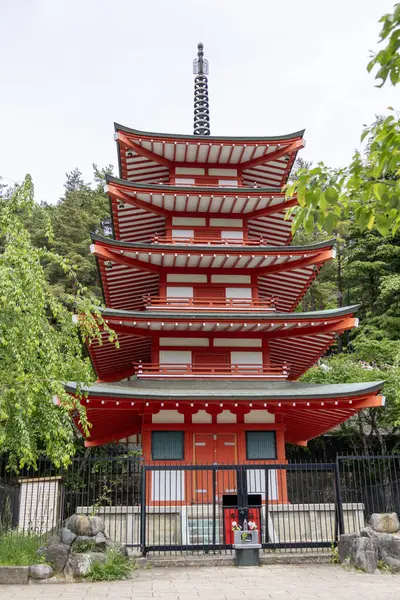 stock image Shimoyoshida, Japan- 15 May 2024: Detail of the famous Chureito Pagoda.in Shimoyoshida, Japan. The Chureito Pagoda is at the top of the 398 stone steps from the bottom