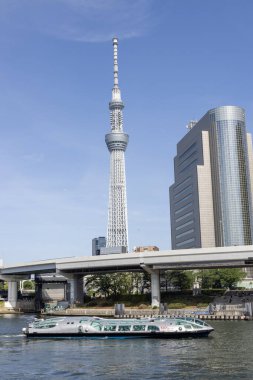 Tokyo, Japonya- 18 Mayıs 2024: Sumida nehri üzerinde Tokyo Skytree boyunca ünlü Tokyo seyahati. Tokyo gezisi Tokyo 'da seyahat ederken nehirden farklı bir bakış açısı sunar..