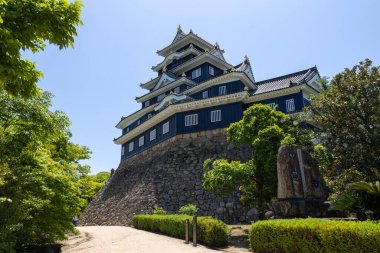 Okayama, Japonya - 10 Mayıs 2024: Okayama Kalesi (Kara Kale) Okayama, Japonya. Bu şehirde ünlü bir simgedir. .