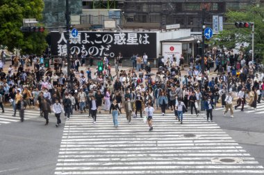 Tokyo, Japonya - 12 Mayıs 2024: İnsanlar Shibuya, Tokyo 'da işlek kavşağı geçiyor. Burası dünyanın en işlek kavşaklarından biri..