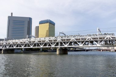 Tokyo, Japonya - 11 Mayıs 2024: Sumida Nehri 'nin karşısındaki Tokyo, Japonya' daki Sumida Nehri Yürüyüş Parkı 'nda demiryolu köprüsü. Sumida Nehri Yürüyüşü, nehrin kenarındaki çekimleri görmenin yapılandırılmış bir yoludur.