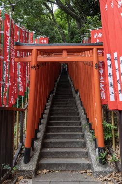 Tokyo, Japonya - 12 Mayıs 2024 Hie Shrine, Tokyo 'da etkileyici bir kırmızı torii kapısı tüneli. Tokyo 'daki Hie-jinja Tapınağı geleneksel Japon Shinto dininin tapınağıdır.