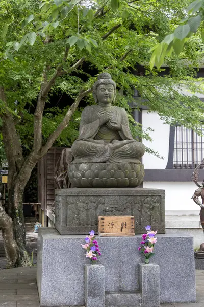 stock image Kamakura, Japan- 14 May, 2024: Stone statue of meditating Buddha, Hasedera (Hase-dera) temple at Kamakura, Japan