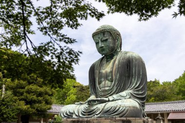 Kamakura, Japonya- 14 Mayıs 2024: Kamakura, Japonya 'daki Kamakura tapınağındaki Kamakura Daibutsu heykeli