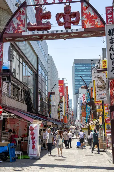 Tokyo, Japonya - 18 Mayıs 2024: Tokyo 'daki Taito Ward' da bir alışveriş caddesi olan Ueno Nakadori 'ye Giriş. Üzerinde Japonya 'nın yeni Reiwa dönemini kutlamak için bir pankart var..