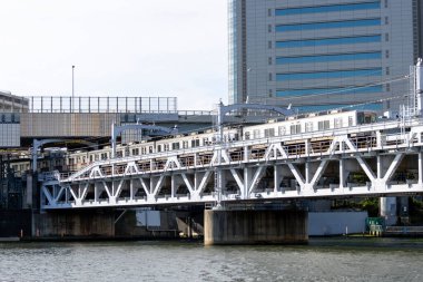 Tokyo, Japonya - 11 Mayıs 2024: Sumida Nehri 'nin karşısındaki Tokyo, Japonya' daki Sumida Nehri Yürüyüş Parkı 'nda demiryolu köprüsü. Sumida Nehri Yürüyüşü, nehrin kenarındaki çekimleri görmenin yapılandırılmış bir yoludur.