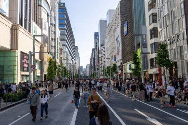 Tokyo, Japonya... 11 Mayıs 2024: Tokyo 'daki Ginza Pedestrian Cenneti. Ginza 'nın ana caddesi hafta sonları ve ulusal tatillerde bir yaya cenneti haline geliyor.
