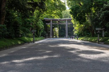 Tokyo, Japonya-12 Mayıs 2024: Tokyo 'nun merkezindeki Meiji Jingu Tapınağı' ndaki Ootorii, Büyük ya da İkinci Torii Kapısı, Japonya 'daki en büyük tahta miyojin tarzı torii..