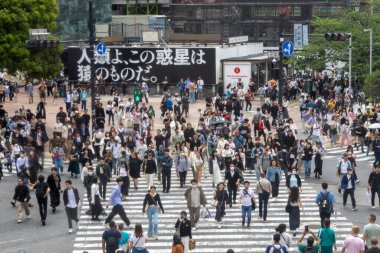 Tokyo, Japonya - 12 Mayıs 2024: İnsanlar Shibuya, Tokyo 'da işlek kavşağı geçiyor. Burası dünyanın en işlek kavşaklarından biri..