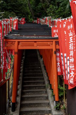 Tokyo, Japonya - 12 Mayıs 2024 Hie Shrine, Tokyo 'da etkileyici bir kırmızı torii kapısı tüneli. Tokyo 'daki Hie-jinja Tapınağı geleneksel Japon Shinto dininin tapınağıdır.
