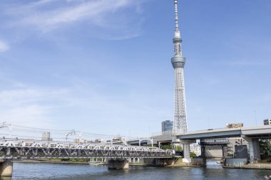 Tokyo, Japonya - 18 Mayıs 2024: Tokyo 'daki Sumida Nehri' nden Tokyo Skytree 'nin görüntüsü. 2010 yılında Japonya 'nın en yüksek kulesi oldu ve 634 metre yüksekliğe ulaştı.