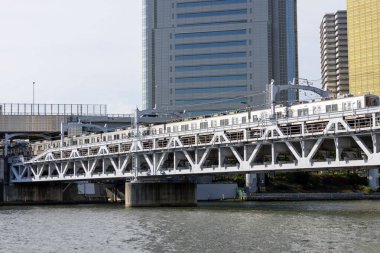 Tokyo, Japonya - 11 Mayıs 2024: Sumida Nehri 'nin karşısındaki Tokyo, Japonya' daki Sumida Nehri Yürüyüş Parkı 'nda demiryolu köprüsü. Sumida Nehri Yürüyüşü, nehrin kenarındaki çekimleri görmenin yapılandırılmış bir yoludur.