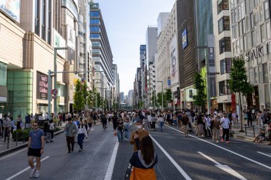 Tokyo, Japonya... 11 Mayıs 2024: Tokyo 'daki Ginza Pedestrian Cenneti. Ginza 'nın ana caddesi hafta sonları ve ulusal tatillerde bir yaya cenneti haline geliyor.