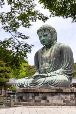 Kamakura, Japonya- 14 Mayıs 2024: Kamakura, Japonya 'daki Kamakura tapınağındaki Kamakura Daibutsu heykeli
