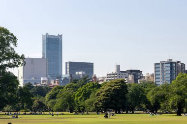 Tokyo, Japonya - 17 Mayıs 2024: Tokyo 'daki Shinjuku Gyoen Ulusal Bahçesi. Kiraz çiçeklerinin tadını çıkarmak için popüler bir park olarak bilinir..