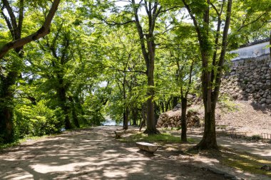 Okayama Kalesi Bahçesi, Japonya. Hideie Ukita tarafından yapılmış bir kale, Toyotomi Hideyoshi 'nin bir kölesi ve Toyotomi' nin beş büyüklerinden biri.