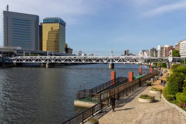Tokyo, Japonya - 11 Mayıs 2024: Sumida Nehri 'nin karşısındaki Tokyo, Japonya' daki Sumida Nehri Yürüyüş Parkı 'nda demiryolu köprüsü. Sumida Nehri Yürüyüşü, nehrin kenarındaki çekimleri görmenin yapılandırılmış bir yoludur.
