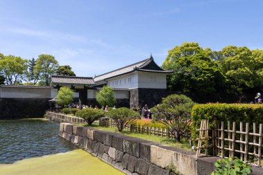 Tokyo, Japan- 11 May 2024: Main entrance of Imperial Palace, Tokyo. East National Gardens is a peaceful and historic garden with a mix of natural beauty and modern skyline clipart