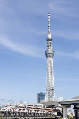 Tokyo, Japonya - 18 Mayıs 2024: Tokyo 'daki Sumida Nehri' nden Tokyo Skytree 'nin görüntüsü. 2010 yılında Japonya 'nın en yüksek kulesi oldu ve 634 metre yüksekliğe ulaştı.