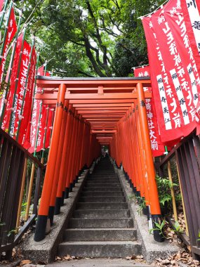 Tokyo, Japonya - 12 Mayıs 2024 Hie Shrine, Tokyo 'da etkileyici bir kırmızı torii kapısı tüneli. Tokyo 'daki Hie-jinja Tapınağı geleneksel Japon Shinto dininin tapınağıdır.