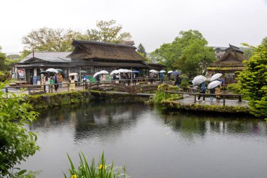 Kawaguchiko, Japan- 16 May 2024: Tourists visit Oshino Hakkai, a small village in the Fuji Five Lake region, located between Lake Kawaguchiko and Lake Yamanakako. clipart